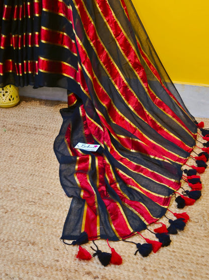 Noor | Party Black and Ruby Red Mul Mul Cotton Saree with Golden Zari Stripe