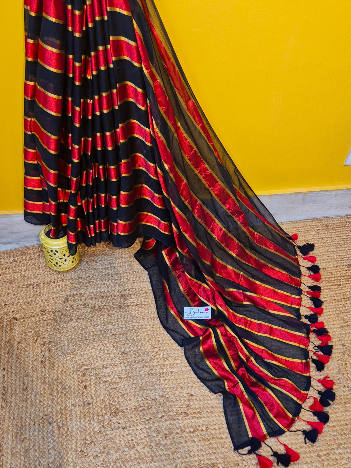 Noor | Party Black and Ruby Red Mul Mul Cotton Saree with Golden Zari Stripe