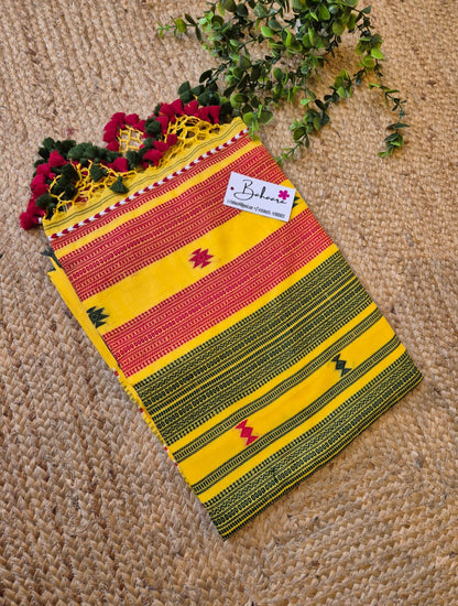 Cotton Galleria | Golden Yellow Premium Bengal Cotton Bhujodi Saree with Designer Tassels