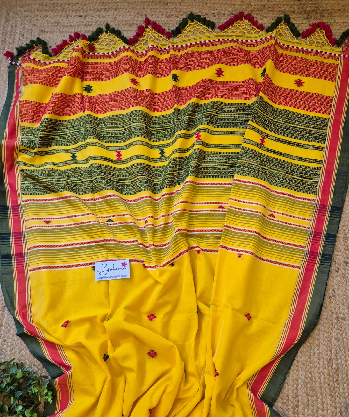Cotton Galleria | Golden Yellow Premium Bengal Cotton Bhujodi Saree with Designer Tassels