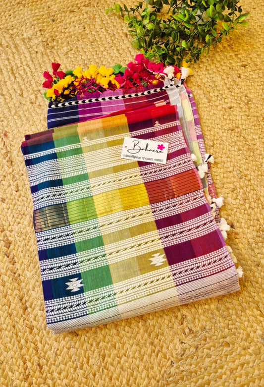 Cotton Galleria | Multicoloured Premium Bengal Cotton Bhujodi Saree with Designer Tassels