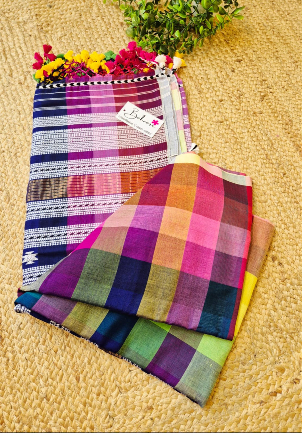 Cotton Galleria | Multicoloured Premium Bengal Cotton Bhujodi Saree with Designer Tassels
