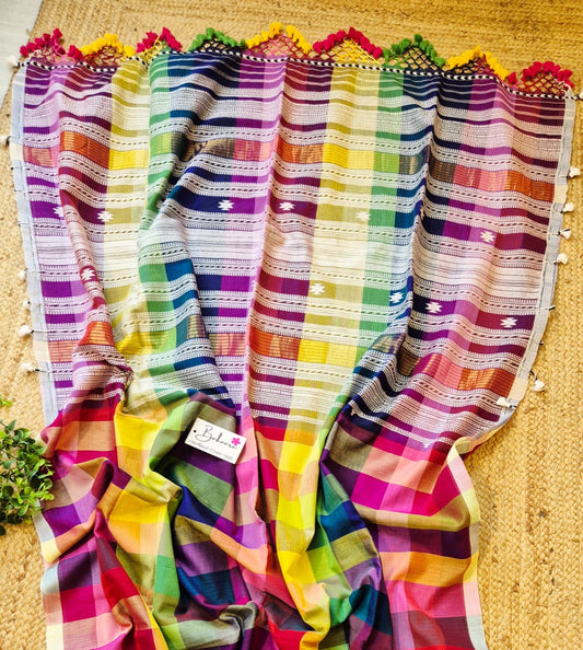 Cotton Galleria | Multicoloured Premium Bengal Cotton Bhujodi Saree with Designer Tassels