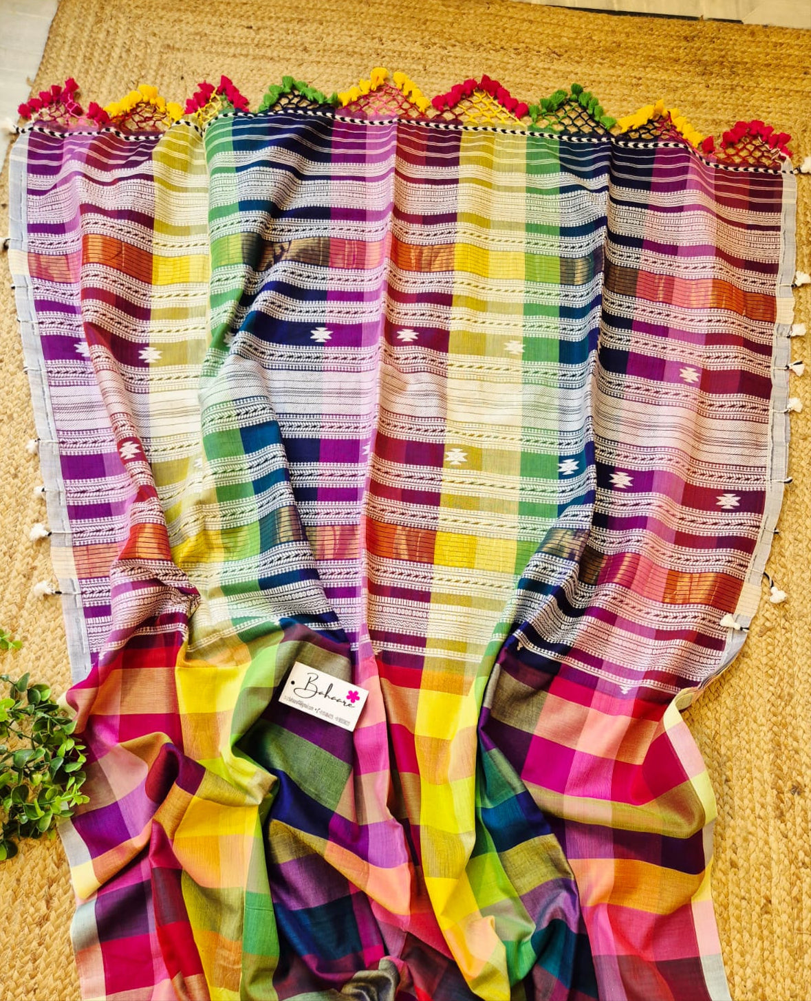 Cotton Galleria | Multicoloured Premium Bengal Cotton Bhujodi Saree with Designer Tassels