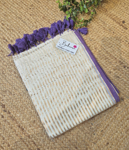Noor | Cosmic Latte Mul Mul Cotton Saree with Golden Zari Stripe