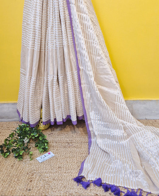 Noor | Cosmic Latte Mul Mul Cotton Saree with Golden Zari Stripe