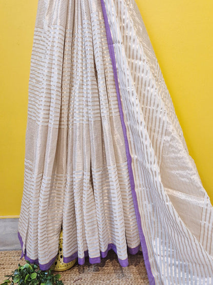 Noor | Cosmic Latte Mul Mul Cotton Saree with Golden Zari Stripe