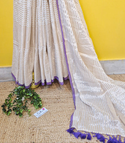 Noor | Cosmic Latte Mul Mul Cotton Saree with Golden Zari Stripe