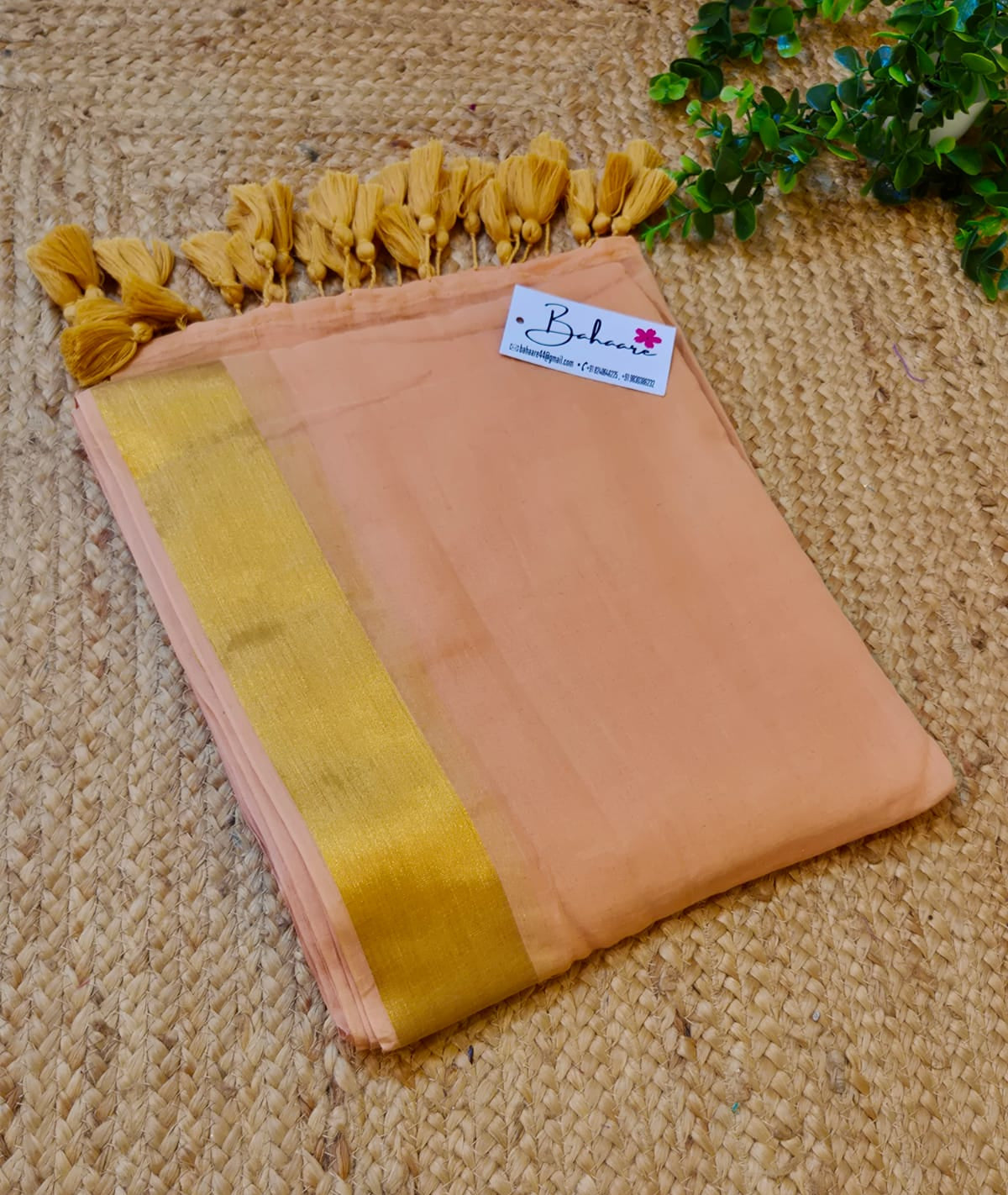 Noor | Peach Mul Mul Cotton Saree with Golden Zari Border