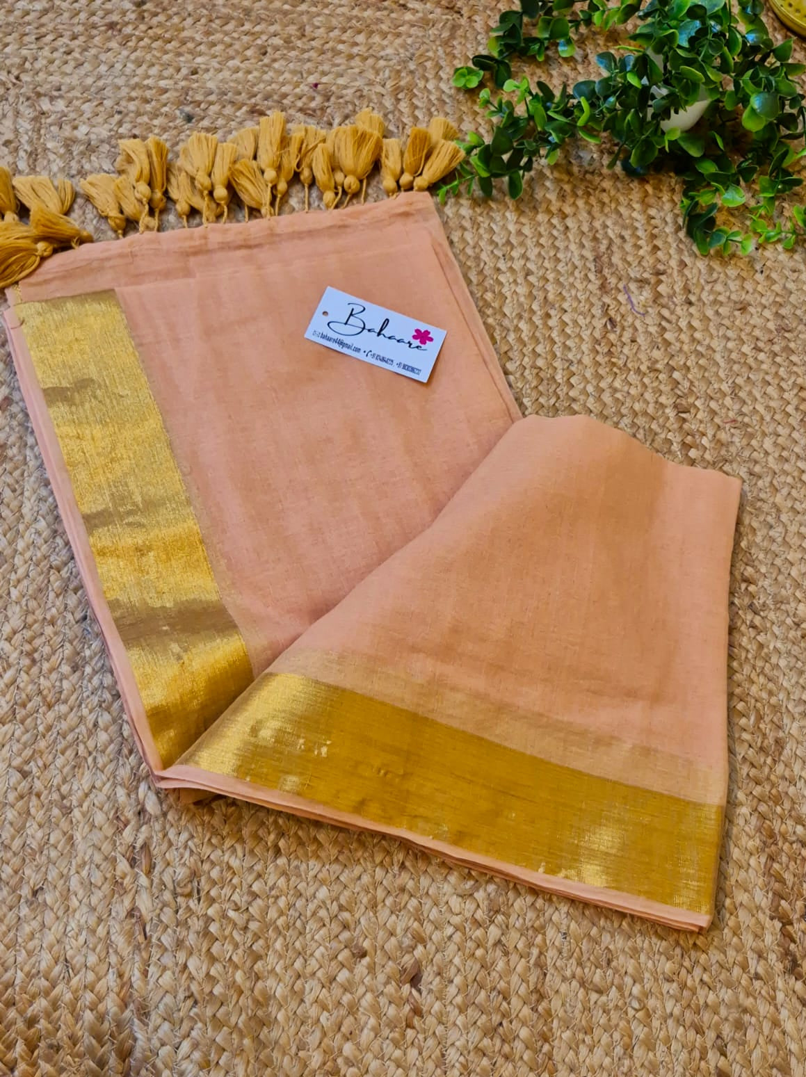 Noor | Peach Mul Mul Cotton Saree with Golden Zari Border