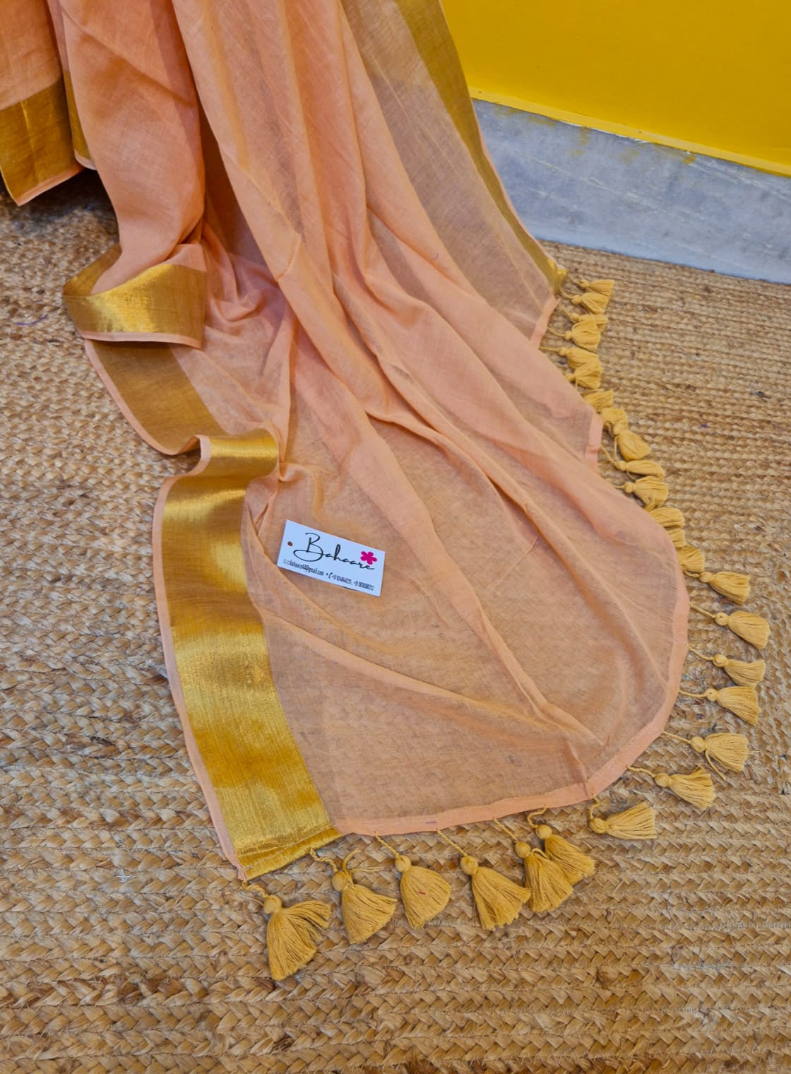 Noor | Peach Mul Mul Cotton Saree with Golden Zari Border