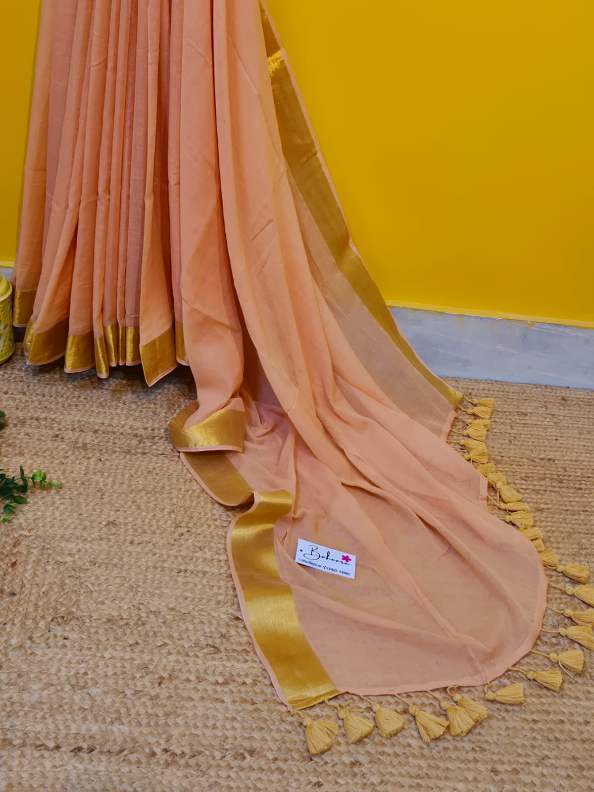 Noor | Peach Mul Mul Cotton Saree with Golden Zari Border