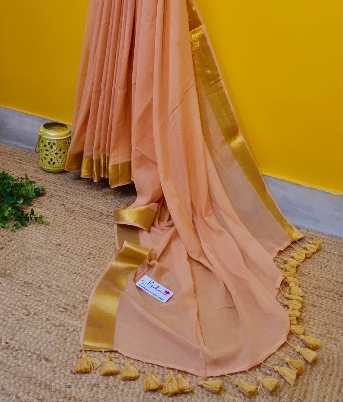 Noor | Peach Mul Mul Cotton Saree with Golden Zari Border