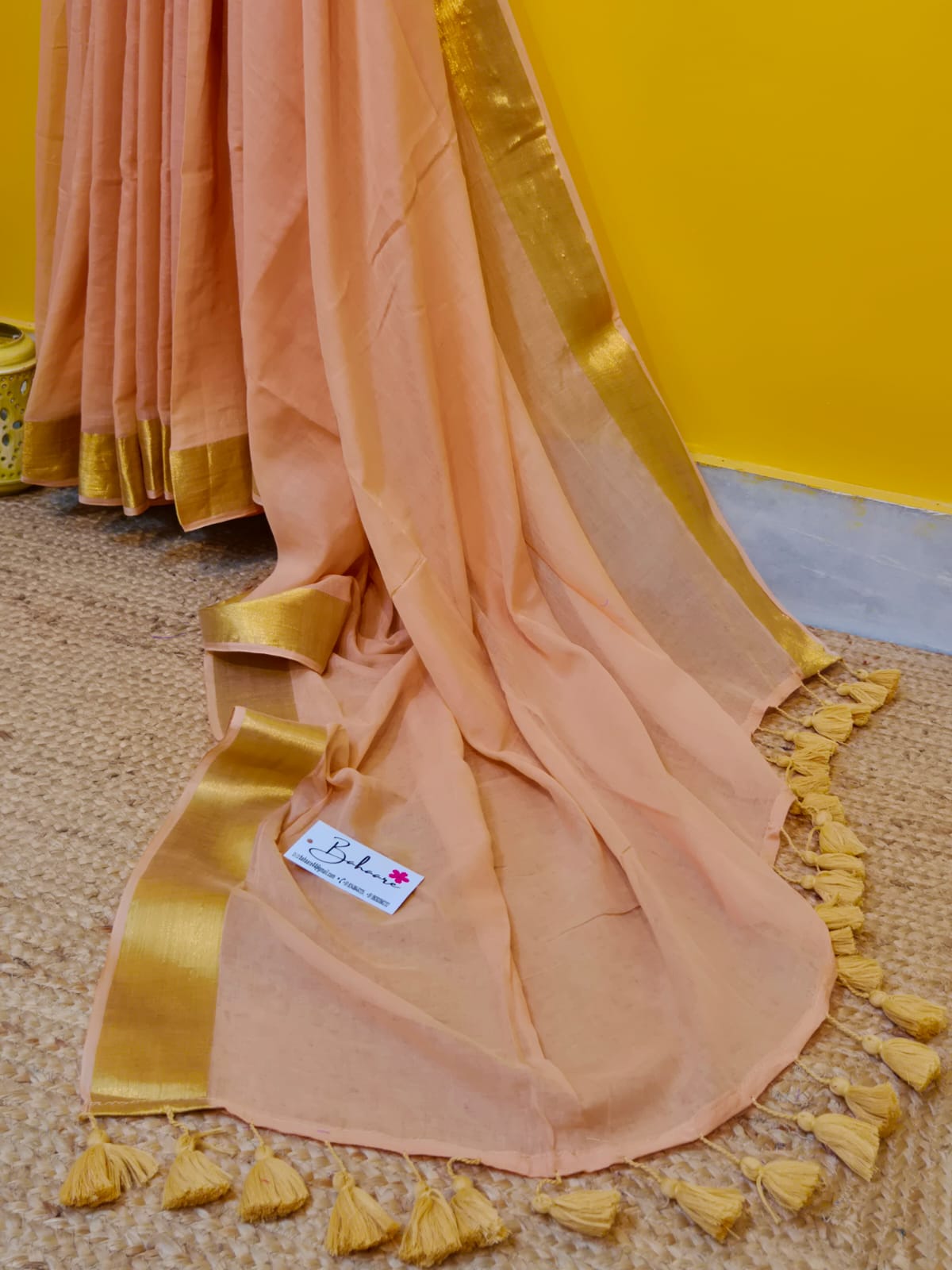 Noor | Peach Mul Mul Cotton Saree with Golden Zari Border