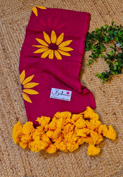 Exotic Sunflower | Raspberry Mul Mul Cotton Saree