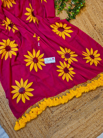Exotic Sunflower | Raspberry Mul Mul Cotton Saree