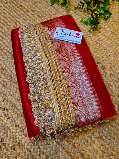 Utsav | Rose Red Tissue Organza Silk Saree with Zari Lace