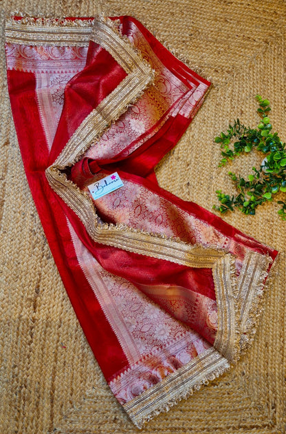 Utsav | Rose Red Tissue Organza Silk Saree with Zari Lace
