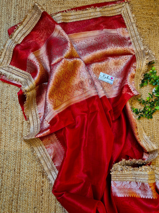 Utsav | Rose Red Tissue Organza Silk Saree with Zari Lace