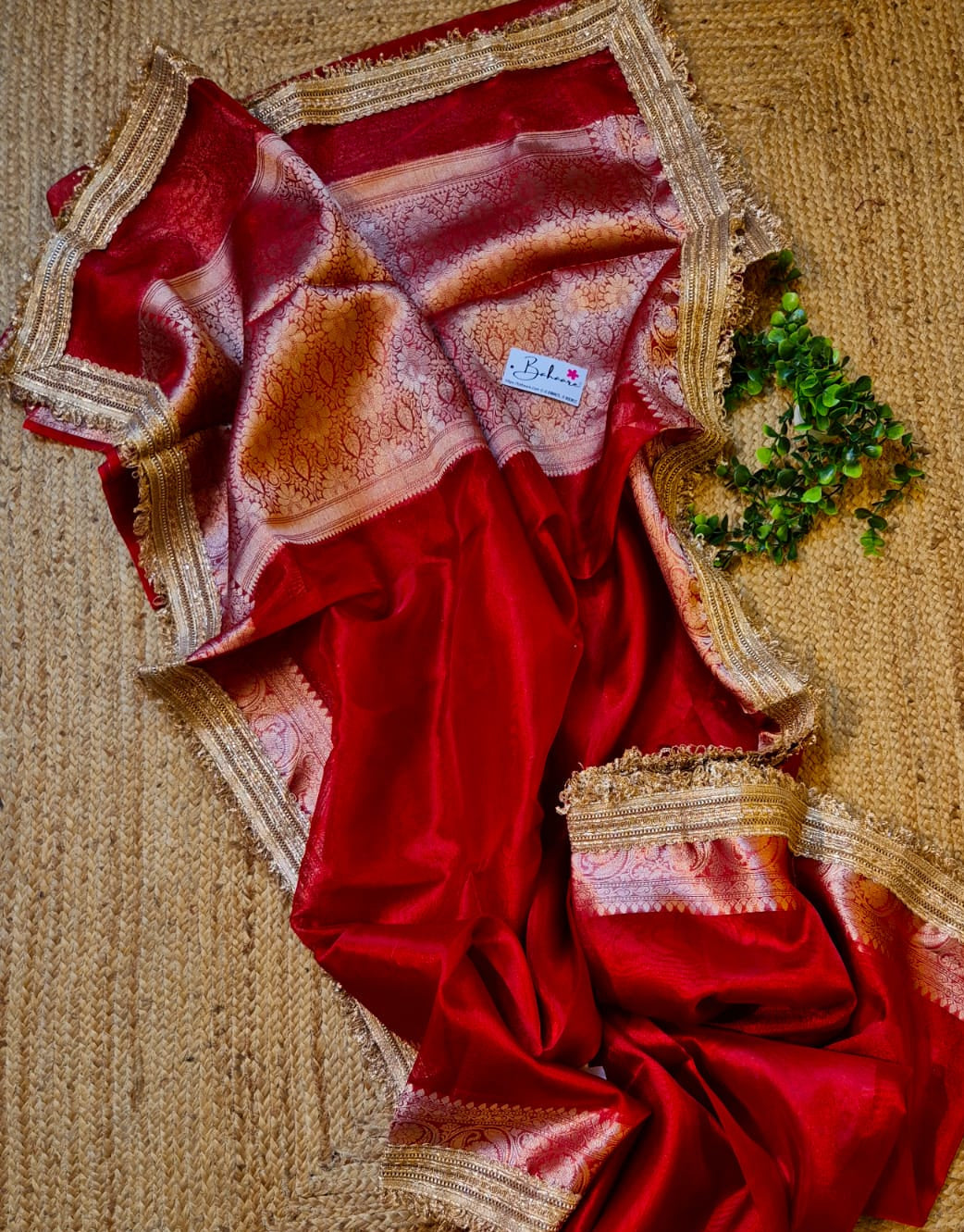 Utsav | Rose Red Tissue Organza Silk Saree with Zari Lace