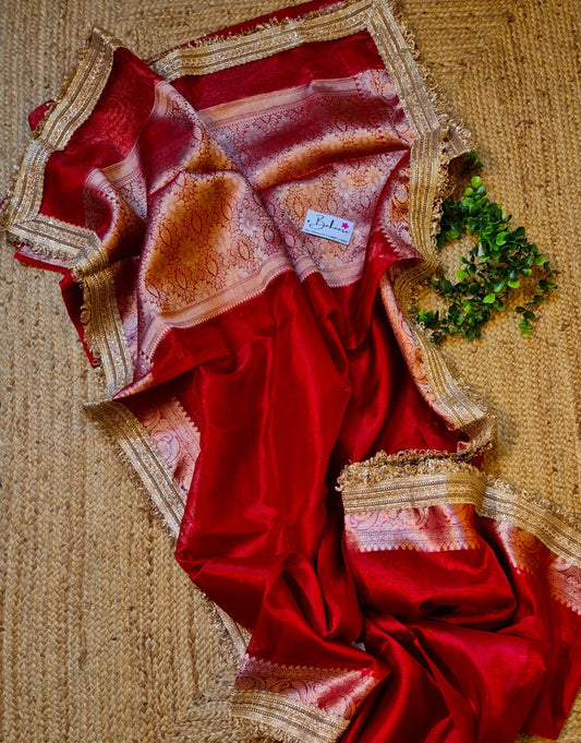 Utsav | Rose Red Tissue Organza Silk Saree with Zari Lace