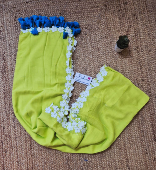 Mohini | Neon Green Mul Mul Cotton Saree with Pearl Lace