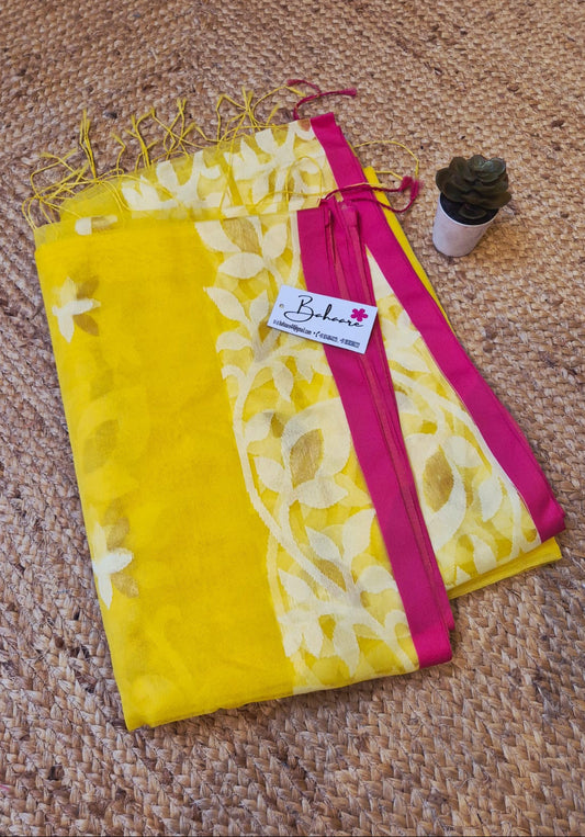 Utsav | Golden Yellow Maslin Jamdani Saree