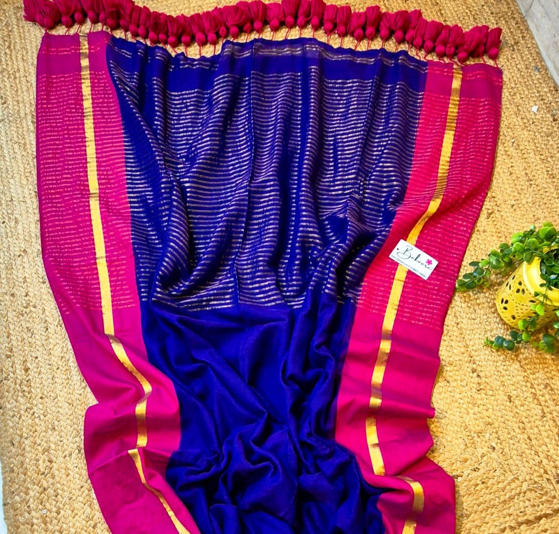 Noor | Midnight Blush Mul Mul Cotton Saree with Zari Line Pallu