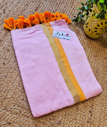 Noor | Blush Pink Mul Mul Cotton Saree with Golden Zari Border