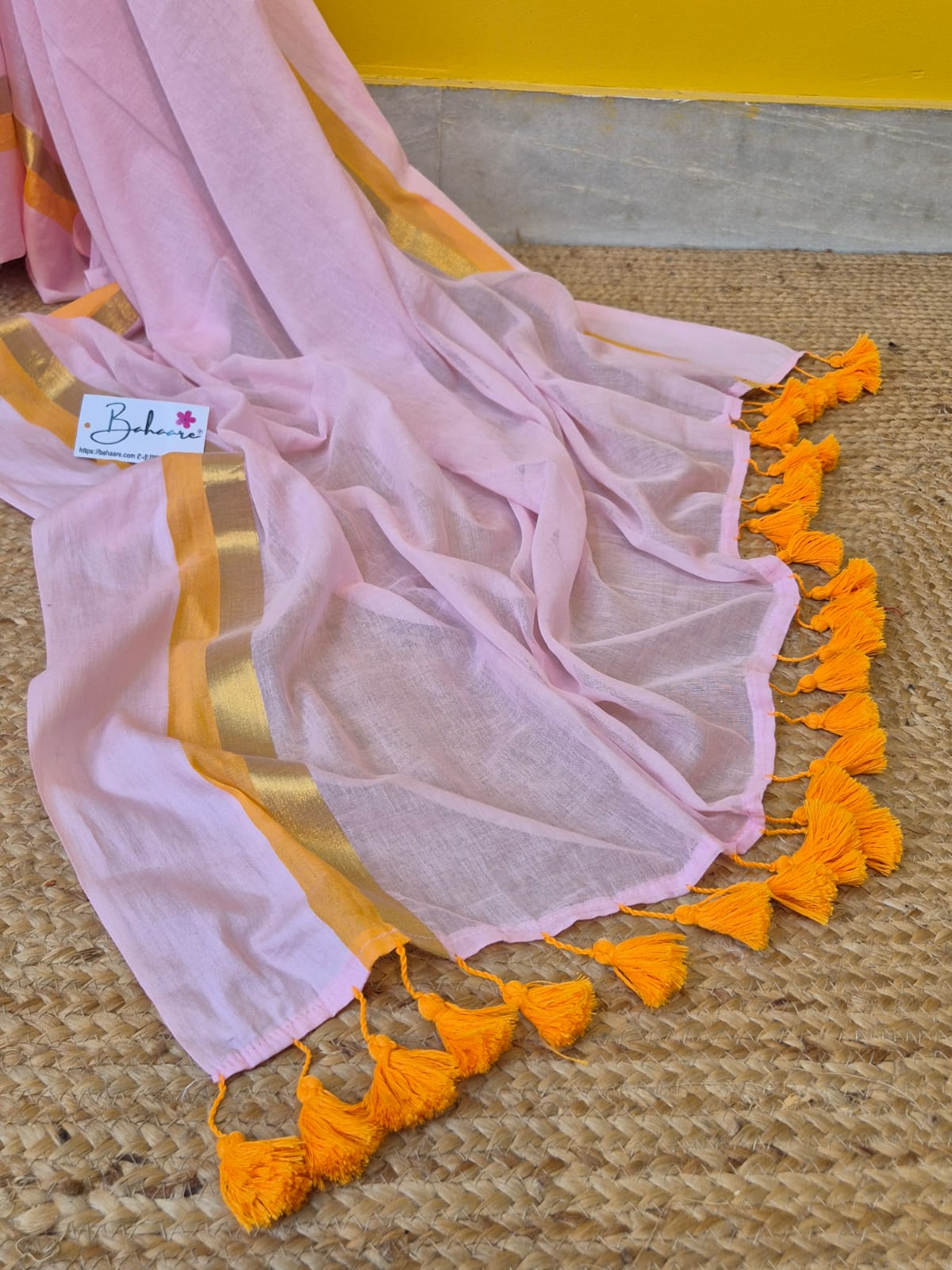 Noor | Blush Pink Mul Mul Cotton Saree with Golden Zari Border
