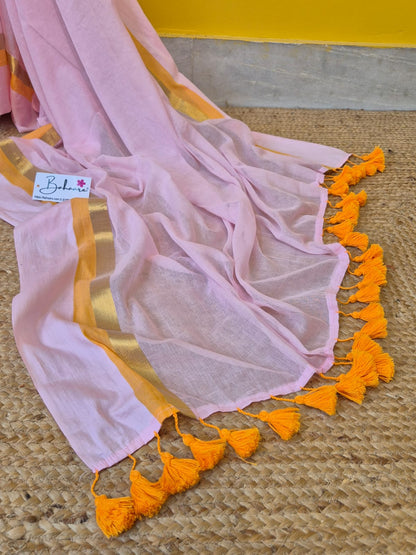 Noor | Blush Pink Mul Mul Cotton Saree with Golden Zari Border
