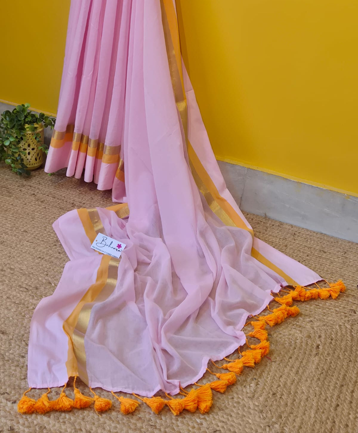Noor | Blush Pink Mul Mul Cotton Saree with Golden Zari Border