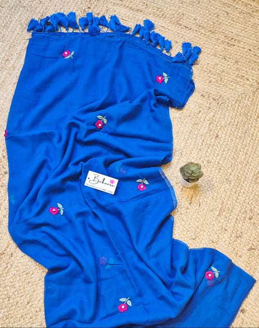 Mohini | Cobalt Blue Mul Mul Cotton Saree with Hand Embroidery