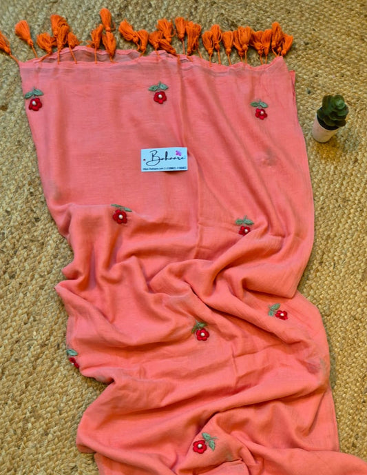 Mohini | Peachy Coral Mul Mul Cotton Saree with Hand Embroidery