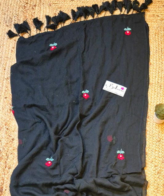 Mohini | Midnight Black Mul Mul Cotton Saree with Hand Embroidery