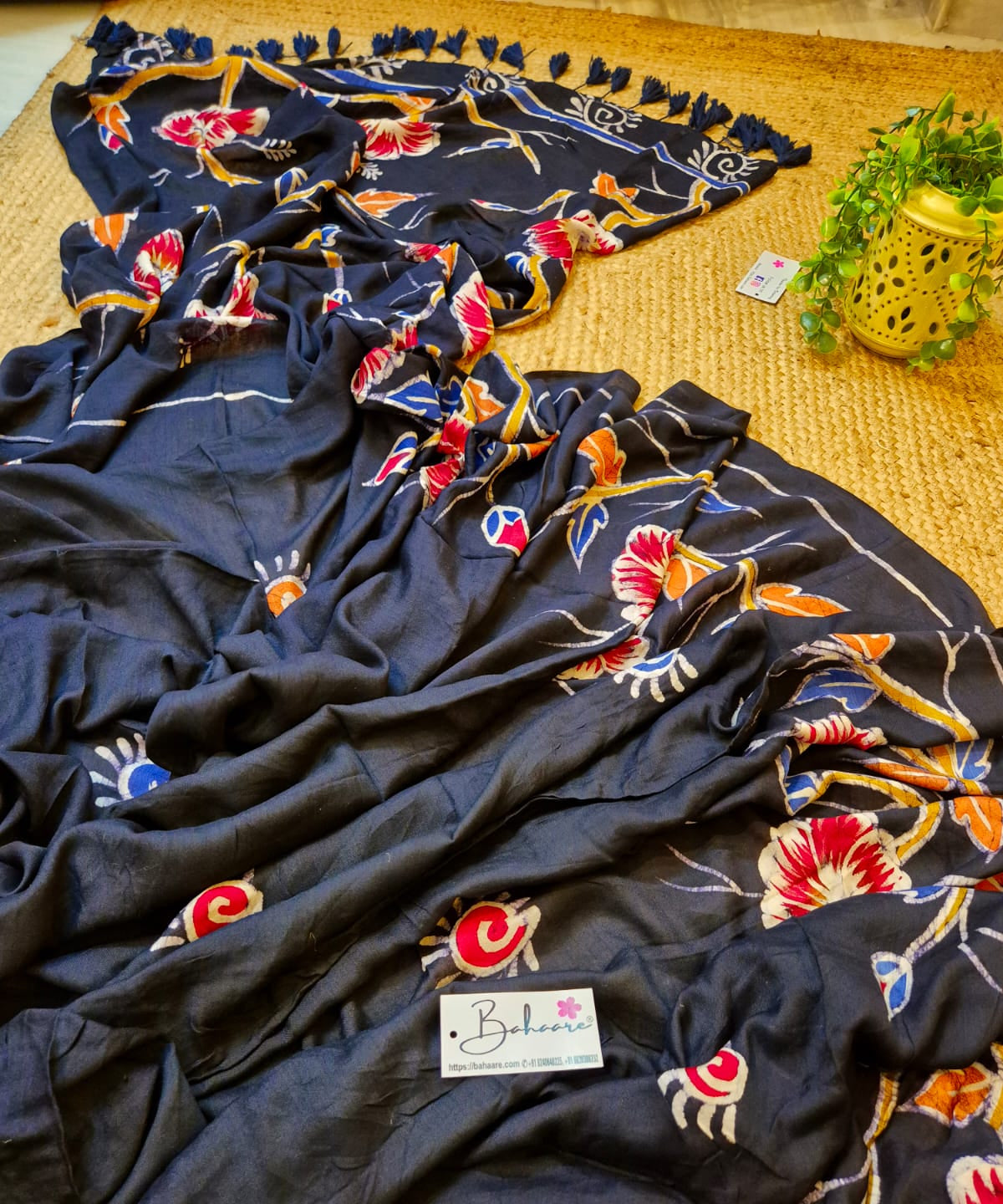 Cotton Galleria | Charcoal Black Crack Batik Premium Cotton Modal Saree