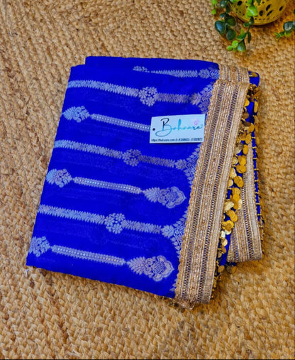 Utsav | Cobalt Blue Benarasi Tissue Silk Saree with Metallic Coin Gota Patti Lace