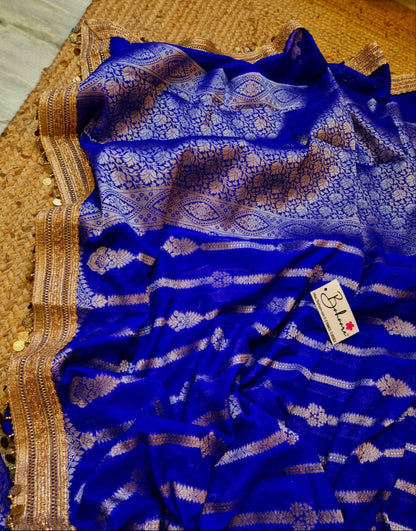 Utsav | Cobalt Blue Benarasi Tissue Silk Saree with Metallic Coin Gota Patti Lace