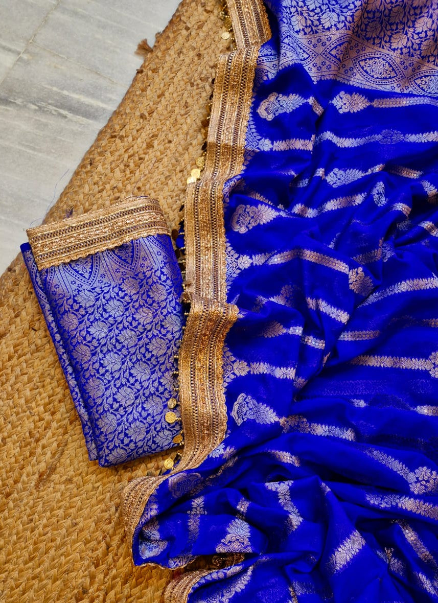 Utsav | Cobalt Blue Benarasi Tissue Silk Saree with Metallic Coin Gota Patti Lace