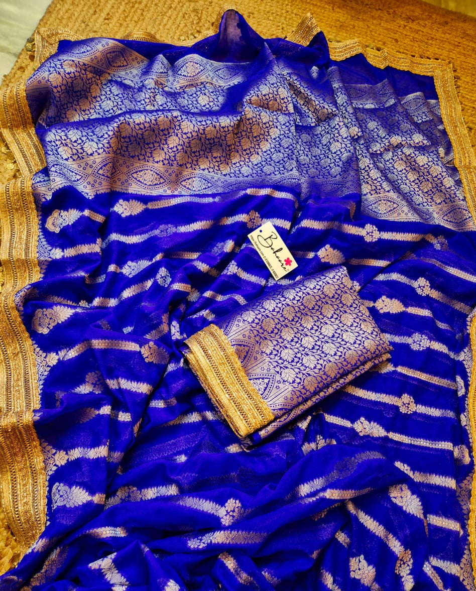 Utsav | Cobalt Blue Benarasi Tissue Silk Saree with Metallic Coin Gota Patti Lace