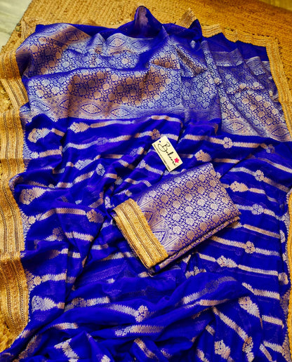 Utsav | Cobalt Blue Benarasi Tissue Silk Saree with Metallic Coin Gota Patti Lace