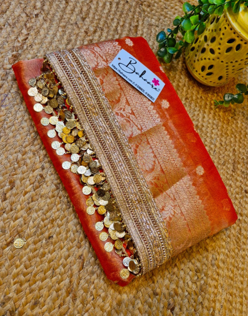 Utsav | Sunset Orange Benarasi Tissue Silk Saree with Metallic Coin Gota Patti Lace