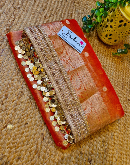 Utsav | Sunset Orange Benarasi Tissue Silk Saree with Metallic Coin Gota Patti Lace