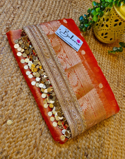 Utsav | Sunset Orange Benarasi Tissue Silk Saree with Metallic Coin Gota Patti Lace