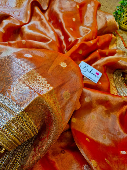 Utsav | Sunset Orange Benarasi Tissue Silk Saree with Metallic Coin Gota Patti Lace