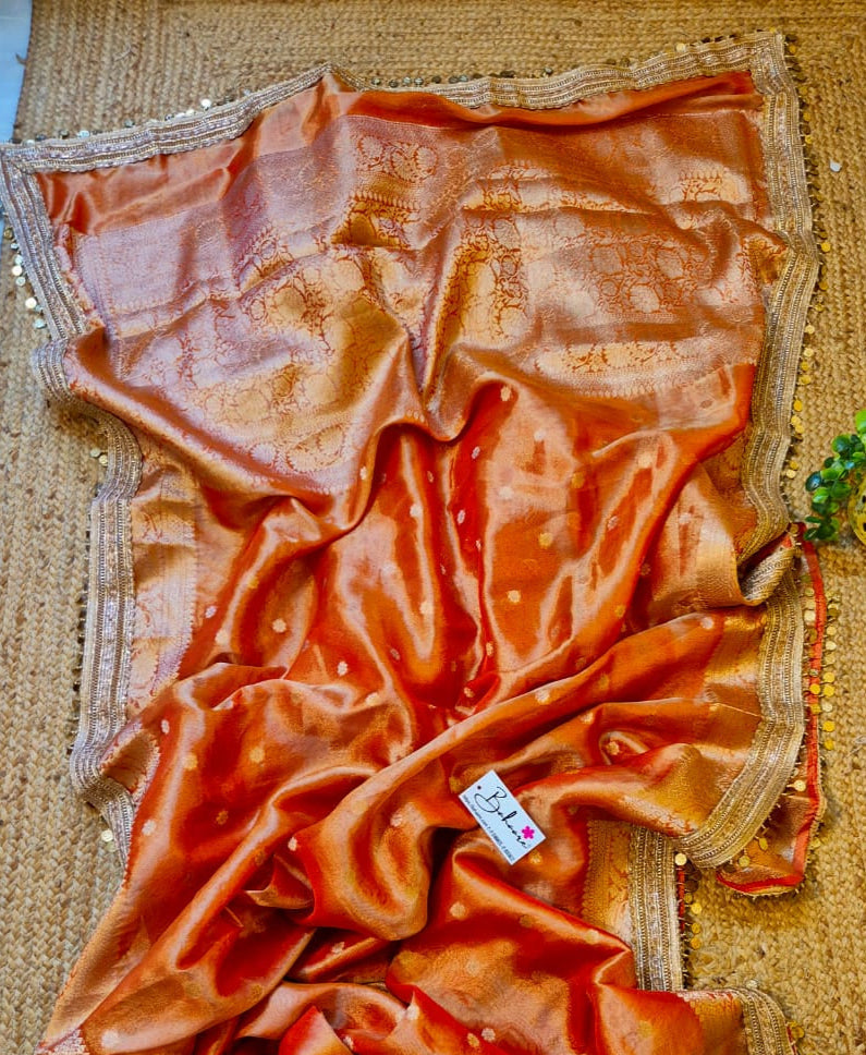 Utsav | Sunset Orange Benarasi Tissue Silk Saree with Metallic Coin Gota Patti Lace