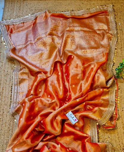 Utsav | Sunset Orange Benarasi Tissue Silk Saree with Metallic Coin Gota Patti Lace