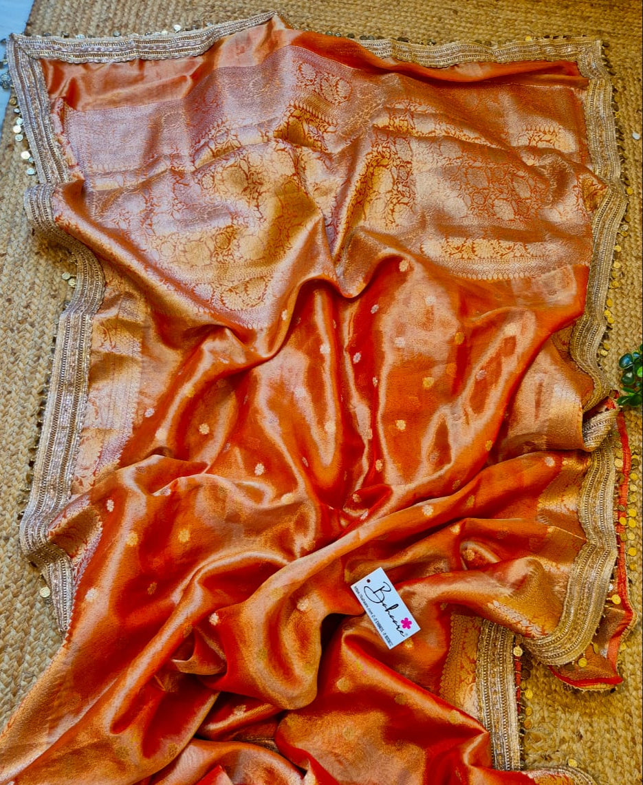 Utsav | Sunset Orange Benarasi Tissue Silk Saree with Metallic Coin Gota Patti Lace