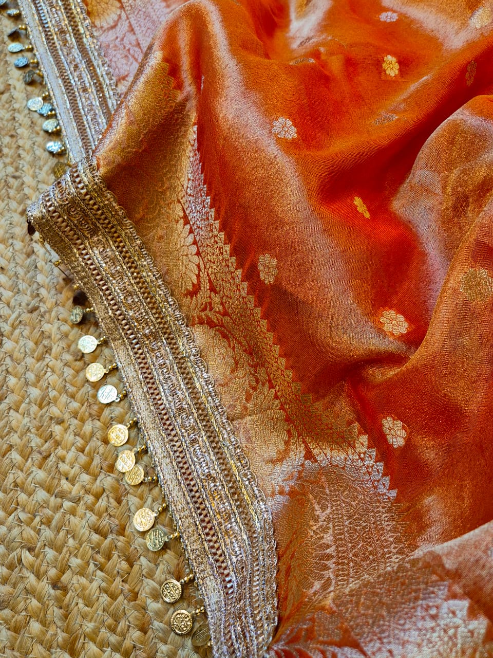 Utsav | Sunset Orange Benarasi Tissue Silk Saree with Metallic Coin Gota Patti Lace
