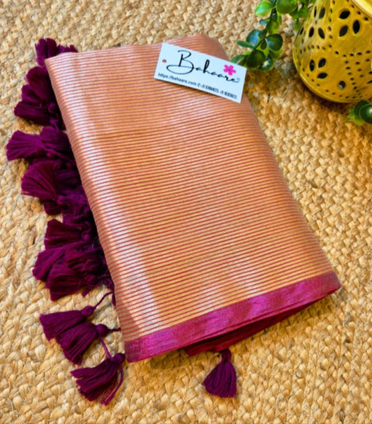 Megha | Light Bronze Tissue Saree with Magenta Border